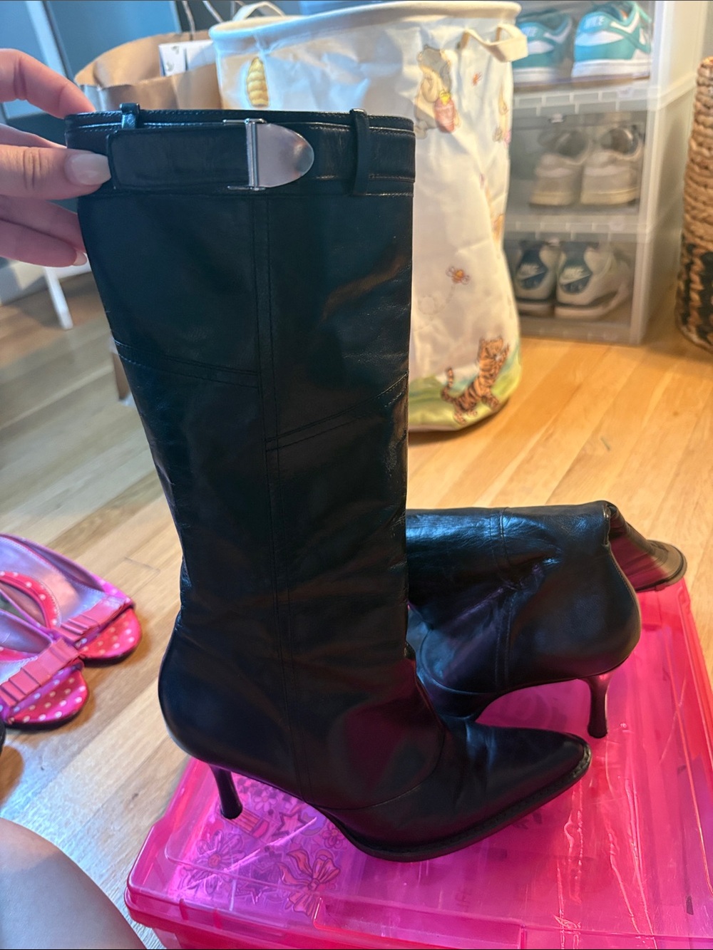 BCBGMaxAzria Black Leather Mid-Calf Pointed Toe Heel Boots with Buckle